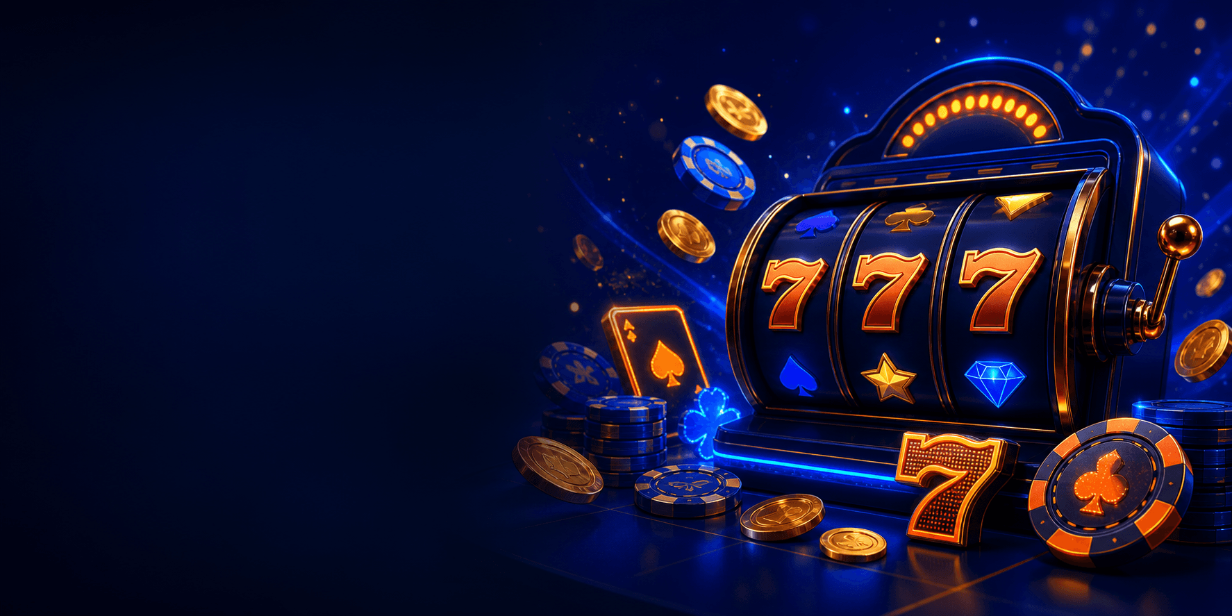 Blue casino slot machine with chips and gold coins