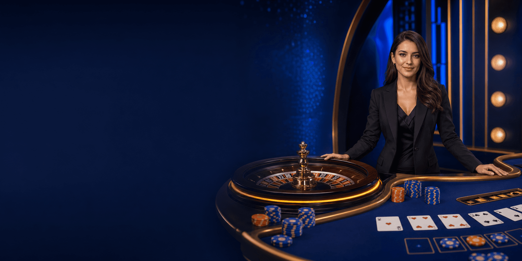 Professional live dealer beside a roulette wheel and blackjack table